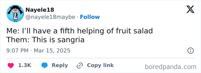 Tweet about confusing sangria for a fruit salad, illustrating relatable women struggles through humorous memes.
