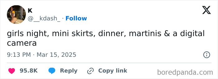 Social media post about girls night with mini skirts, dinner, martinis, and a digital camera for relatable posts to make your day better.