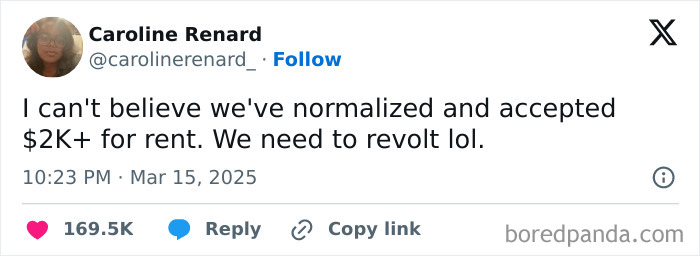 User expressing frustration about high rent prices in a social media post related to the current political situation.