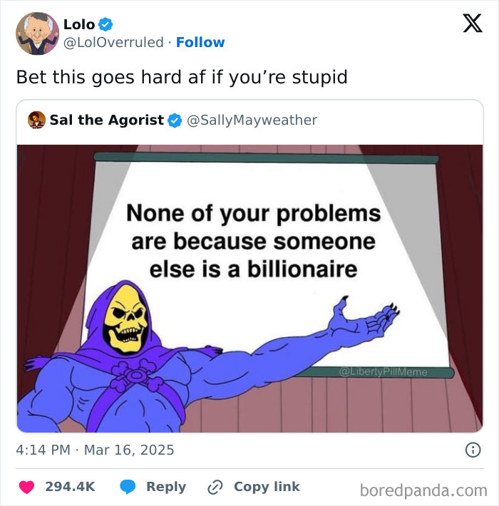 Meme with cartoon character stating none of your problems are because someone else is a billionaire, reflecting political situation online.