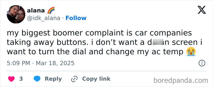 Screenshot of a tweet complaining about car companies removing physical buttons and dials, expressing desire for a physical key.