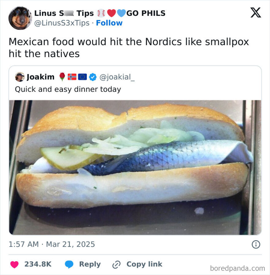 Tweet from a comedian humorously showing a sandwich with fish and onions, highlighting funny posts shared on Twitter.