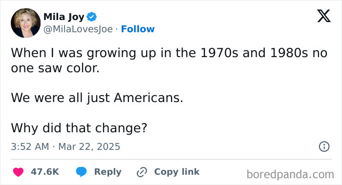 Tweet about nostalgia and social change, reflecting on tolerance and unity in America during the 1970s and 1980s.