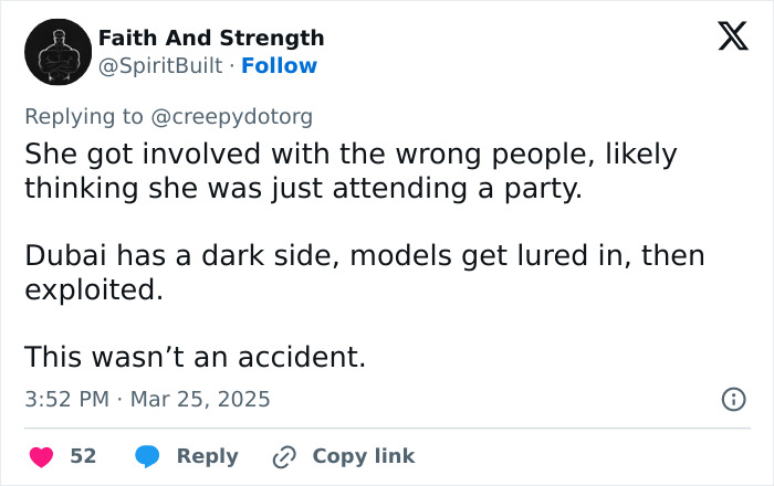 Tweet discussing Dubai's dark side where models get exploited, related to new details of model found with broken spine and limbs.