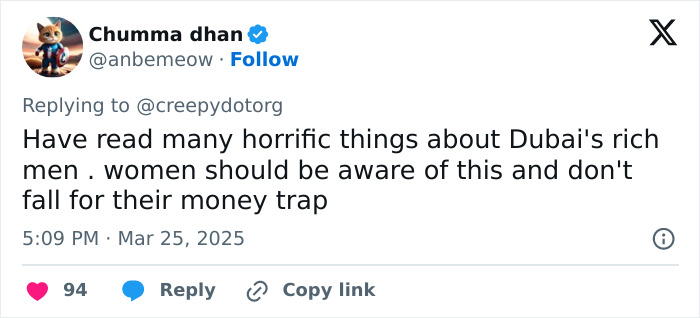 Tweet warning about Dubai's rich men and cautioning women to avoid falling into money traps related to the new roadside model case.