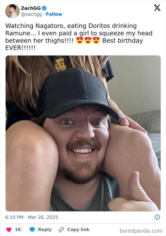 Man smiling with his head between a woman's thighs in a cringey picture shared on an Instagram account.