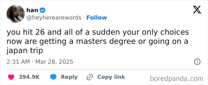 Tweet about turning 26 and choosing between a masters degree or a Japan trip, highlighting relatable student memes.