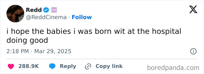 Screenshot of a British comedian's humorous tweet about babies born at the hospital, showcasing British comedy humor.
