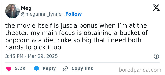 Screenshot of a relatable social media post about enjoying popcorn and diet coke at the theater to smile today.