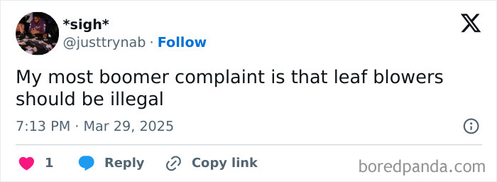 Tweet screenshot showing a young person sharing a boomer complaint about leaf blowers needing to be illegal.
