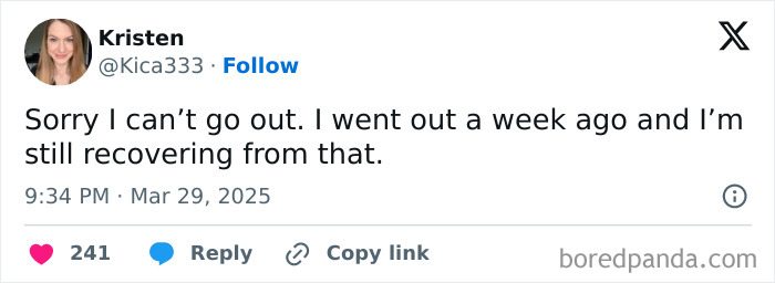 Tweet from Kristen about not going out and still recovering, illustrating relatable memes about women struggles.