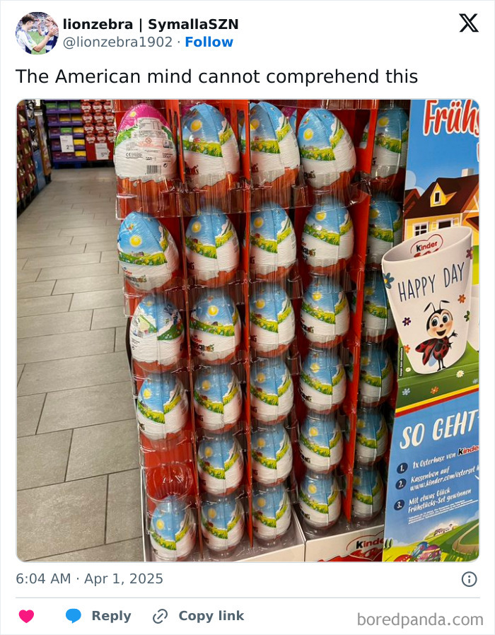 Display of colorful Kinder chocolate eggs in a store setting that may confuse the American mind.