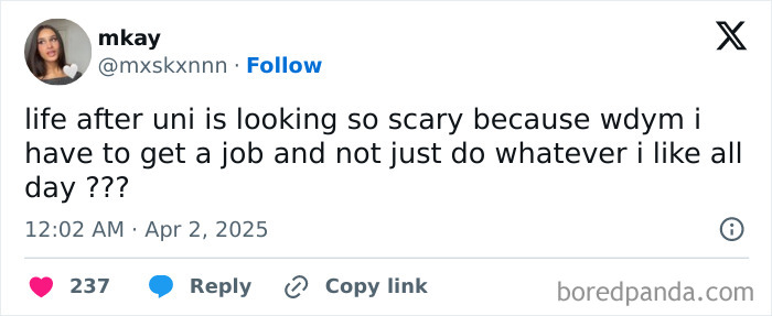 Tweet from a student expressing fear about life after university and the reality of needing a job, relatable student meme content.