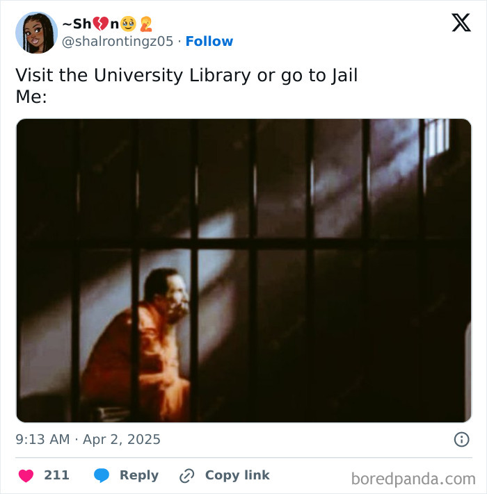 Student meme showing a person in an orange jumpsuit behind bars, humorously depicting avoiding the university library.