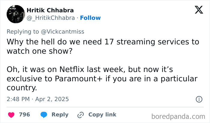 Tweet complaining about the increasing number of streaming services frustrating young people with boomer complaints.