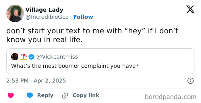 Tweet discussing common boomer complaints about modern communication preferences among young people.
