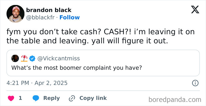 A tweet showing a complaint about not accepting cash, reflecting boomer complaints shared by young people.