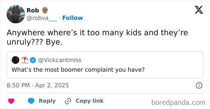 Tweet sharing a common boomer complaint about unruly kids in public spaces, reflecting generational frustrations.