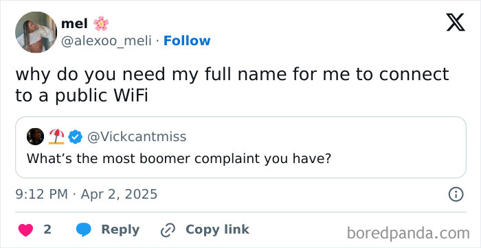 Tweet showing a young person sharing a boomer complaint about needing full name to connect to public WiFi.