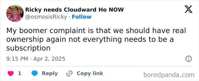 Tweet screenshot showing a young person’s boomer complaint about wanting real ownership, not subscriptions.