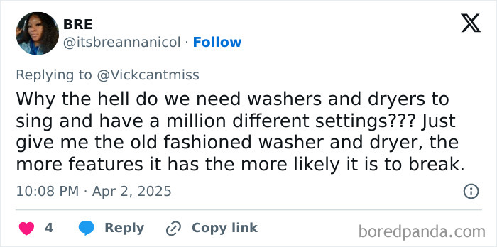 Tweet from user Bre expressing frustration with modern washers and dryers, preferring old-fashioned models with fewer features.