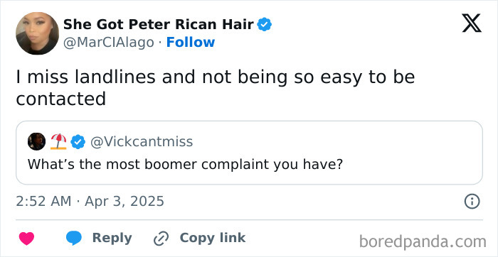 Tweet by user expressing a boomer complaint about missing physical car keys and traditional landlines for communication.