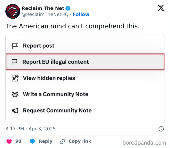 Screenshot of Twitter post highlighting confusion with report option labeled report EU illegal content, reflecting American mind confusion.