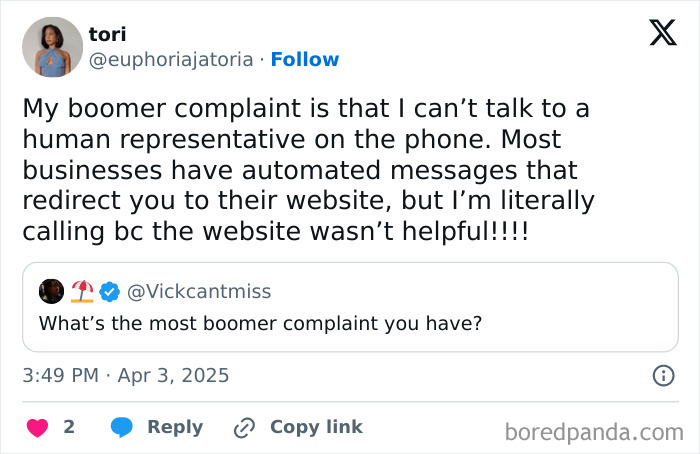 Tweet showing a young person sharing a boomer complaint about automated calls and lack of human assistance.
