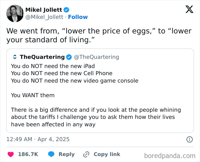 Social media post highlighting people's frustration with the current political situation and economic concerns online.