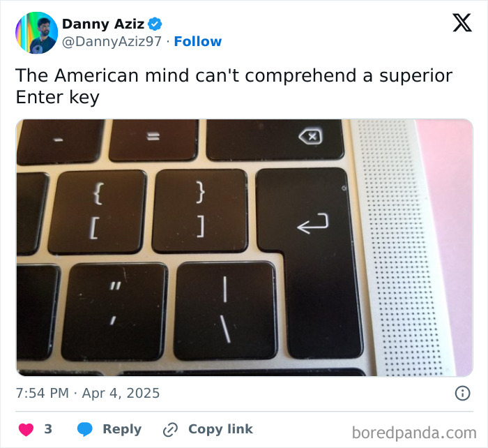 Close-up of a unique keyboard Enter key design shared to confuse Americans with unexpected American mind humor.