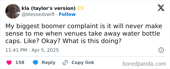 Tweet from a young person sharing a boomer complaint about venues removing water bottle caps not making sense.