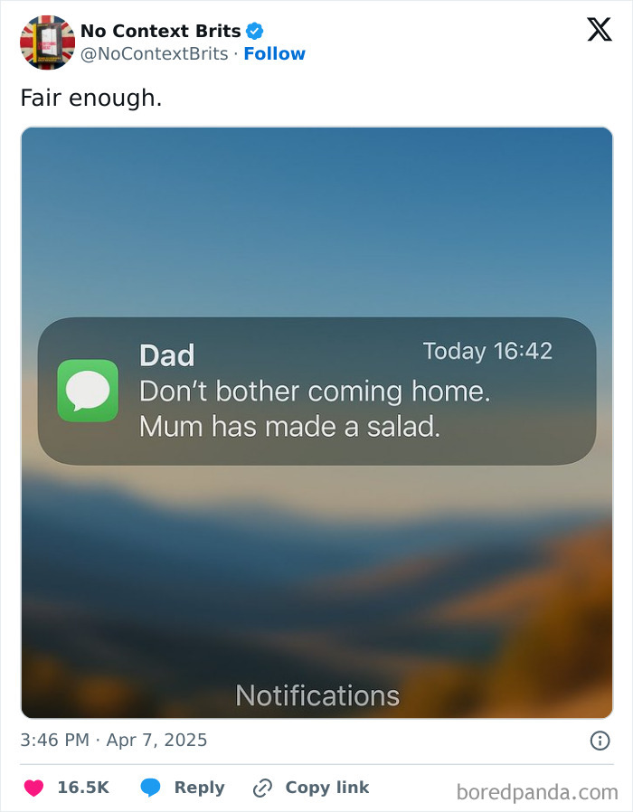 Text message from dad humorously telling not to come home because mum made a salad, showcasing British comedy style.