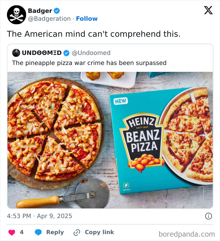 Heinz Beanz pizza next to a sliced pizza with beans, illustrating unusual food confusing the American mind.