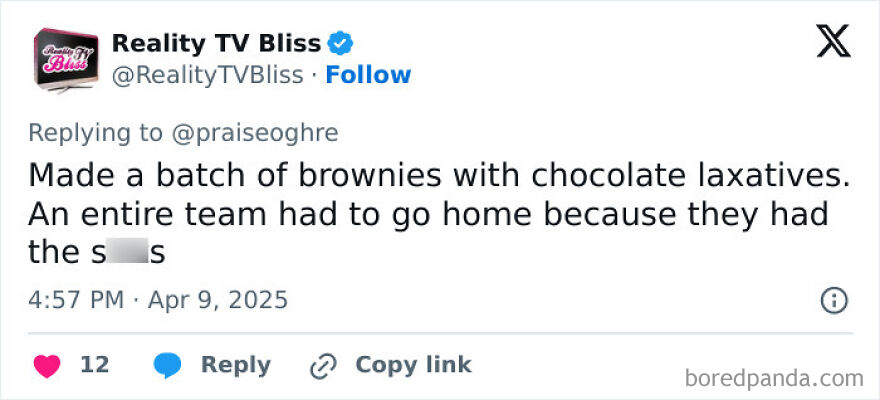 Tweet about dealing with toxic coworkers by using brownies with chocolate laxatives as a prank causing the team to leave early.