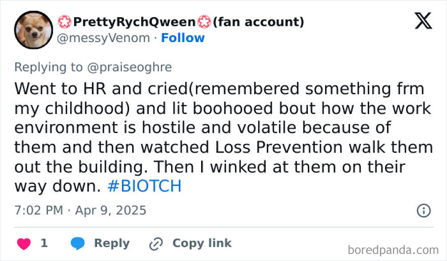 Screenshot of a social media post describing a dramatic way people deal with toxic coworkers at work.