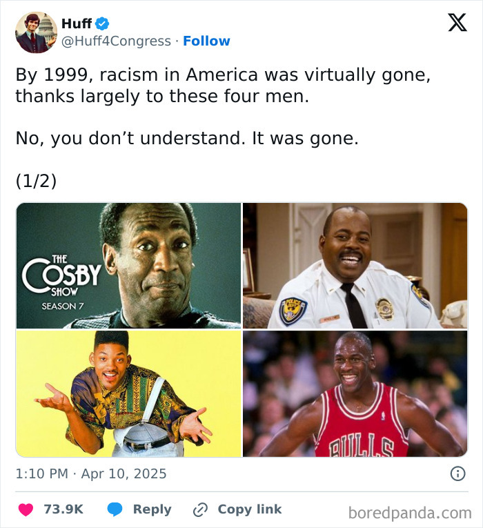 Tweet showing four iconic Black men from 90s TV and sports, highlighting nostalgia and rose tinted tolerance online.