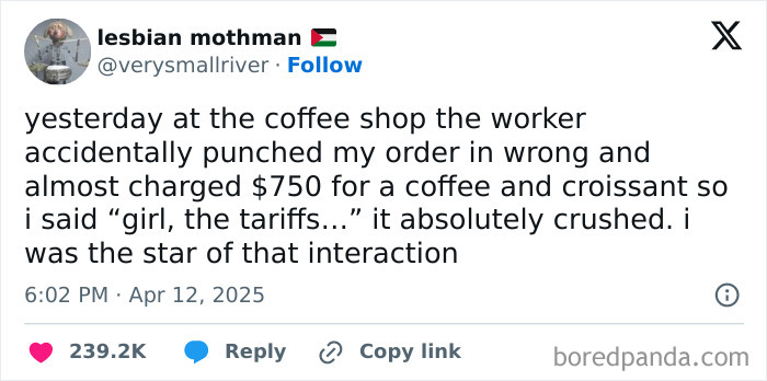 Tweet showing a user sharing a humorous story reflecting frustration with the current political situation online.