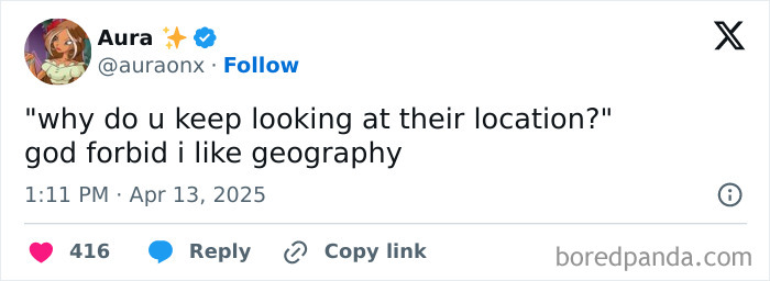 Tweet about humorously defending interest in geography, reflecting relatable memes about women struggles in everyday situations.
