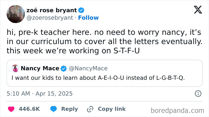 Tweet from user replying to a political comment about curriculum content, reflecting frustration with the current political situation.