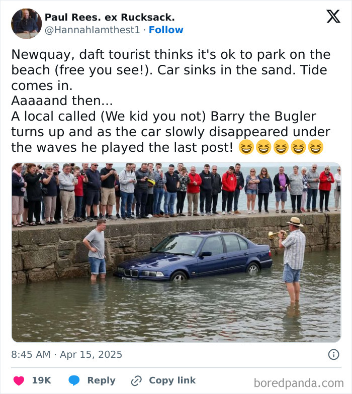 Car sinking in water with local playing bugle, crowd watching on dock, a funny moment in Great British memes.