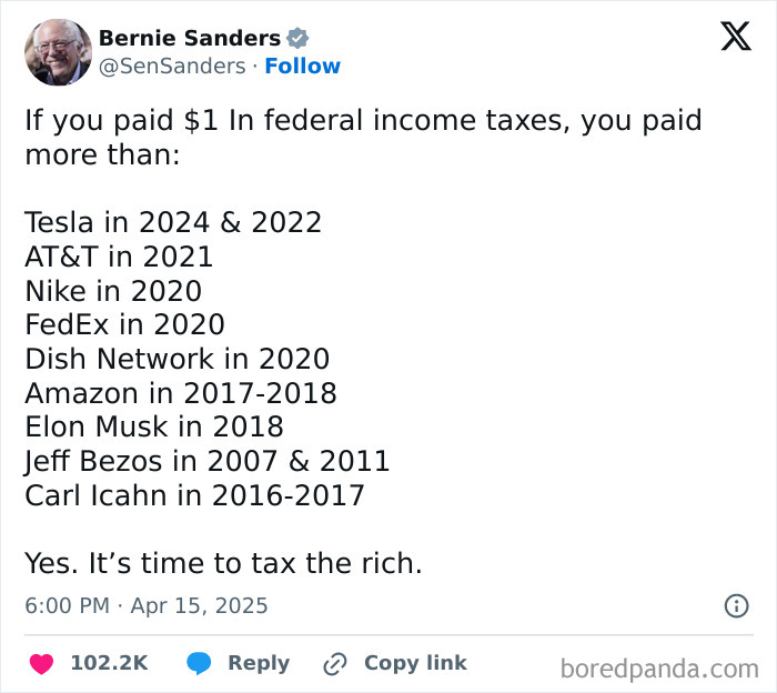 Tweet by Bernie Sanders discussing federal income taxes and the need to tax the rich amid current political situation.