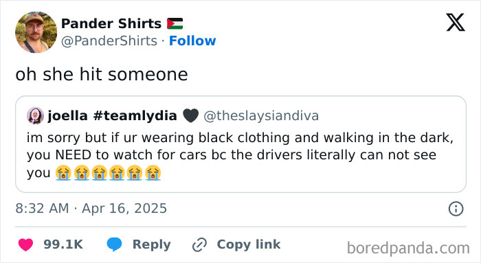 Mocking posts joke showing a social media comment about walking in black clothing and hitting someone.