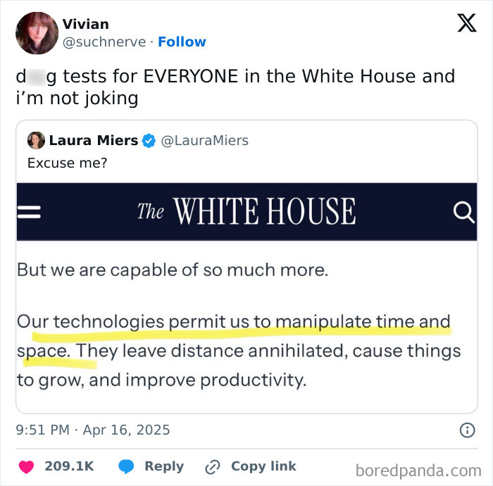 Tweet highlighting frustration with the current political situation, urging testing for everyone in the White House.