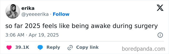 Tweet screenshot expressing frustration with the current political situation, shared online with 39.1K likes.