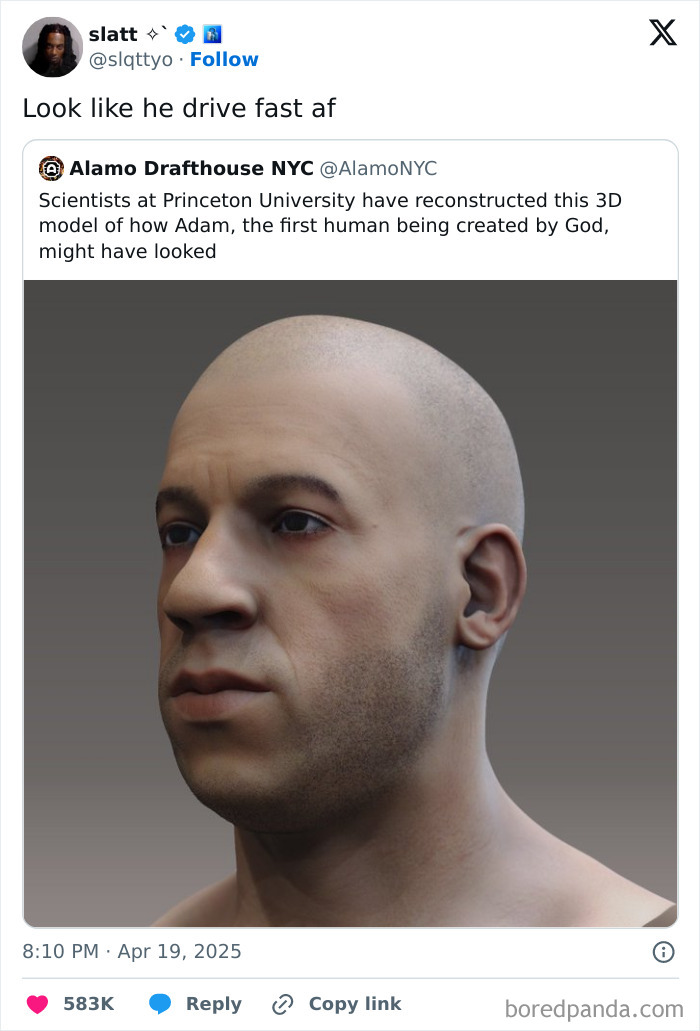3D model of Adam with a serious expression used in mocking posts jokes memes about the first human created by God.