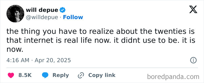 Tweet highlighting how the internet has become a part of real life, reflecting changes through the years according to people online.