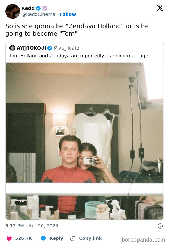 Mocking posts with jokes and memes about Tom Holland and Zendaya's planned marriage in a humorous social media reaction.