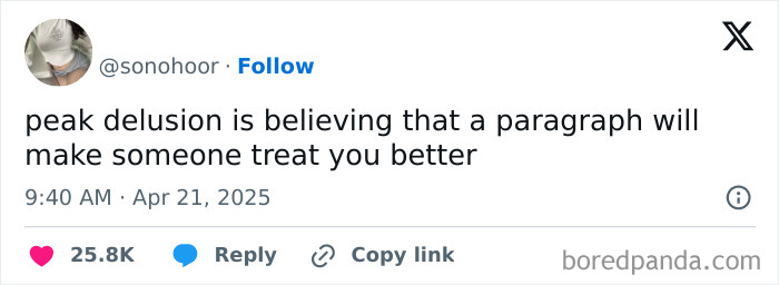 Tweet about relationship struggles by @sonohoor, reflecting relatable women struggles in a humorous social media meme.