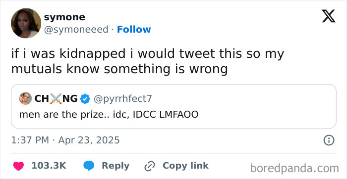 Twitter post by user symone about kidnapping, with a relatable quote on men, related to smile today cry tomorrow posts.