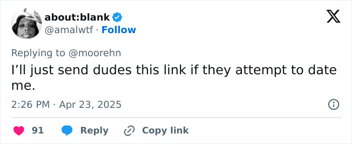 Screenshot of a tweet showing a woman&rsquo;s humorous take on dating, reflecting why women love being alone.